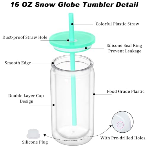 Micellwuu 16 oz Plastic Snow Globe Tumbler, 4 Pack Double Wall Snowglobe Tumbler with Pre Drilled Hole, Plastic Mason Jar Cups Can for Snow Globe Glitter DIY ( Mixed Colors ) - Image 4