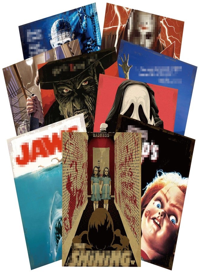 Eartim 9Pcs Horror Classic Movie Characters Poster Set, Vintage Wall Art Prints Scary Movie Character Printing Poster for Halloween Party Haunted House Home Living Room Bedroom Office Decor - Image 1