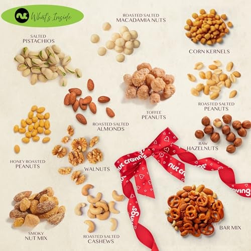 NUT CRAVINGS - Thanksgiving Mixed Nuts Gift Basket in Reusable Wooden Tray + Heart Ribbon (12 Assortments) Holiday Xmas Christmas Food Arrangement, Healthy Snack Care Package - Image 5