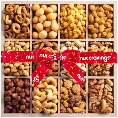 NUT CRAVINGS - Thanksgiving Mixed Nuts Gift Basket in Reusable Wooden Tray + Heart Ribbon (12 Assortments) Holiday Xmas Christmas Food Arrangement, Healthy Snack Care Package - Image 1