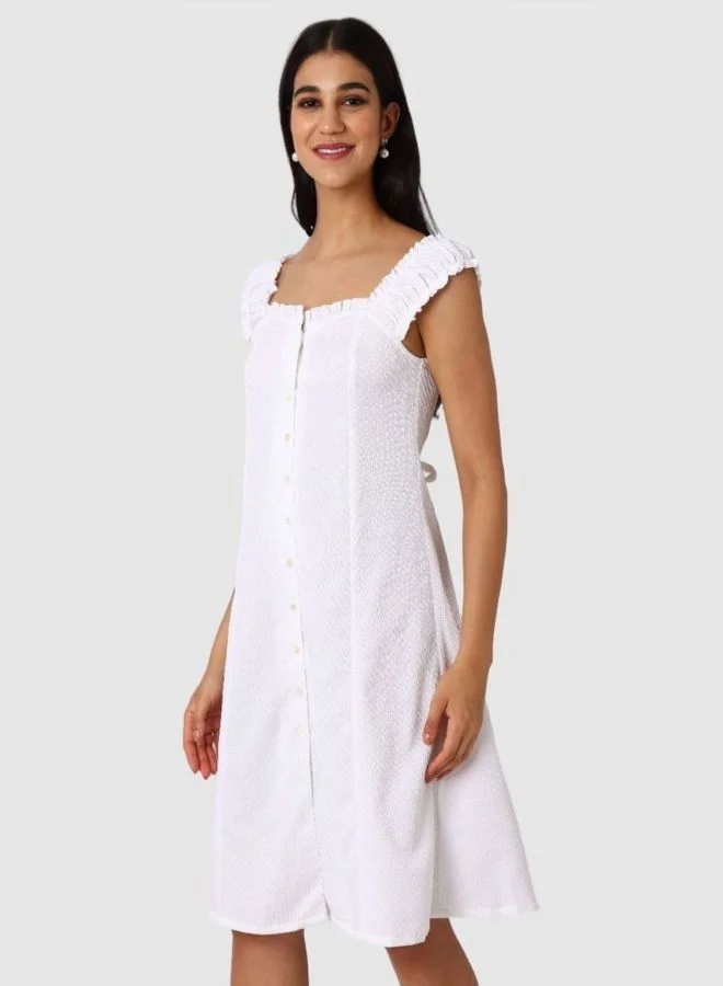 Freehand  Women Flared Textured Sweetheart Neck Sleeveless Button Down Dress for Women | Best Price UAE