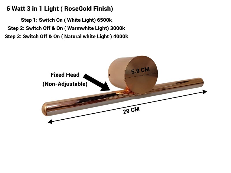 FILLISKA® 6 Watt Rosegold Modern LED Picture/Dressing/Vanity/Bathroom/Mirror Light with 3 Step Light Mode & Non-Adjustable Head (White,Warmwhite,Naturalwhite)(2 Year Warranty) - Image 2