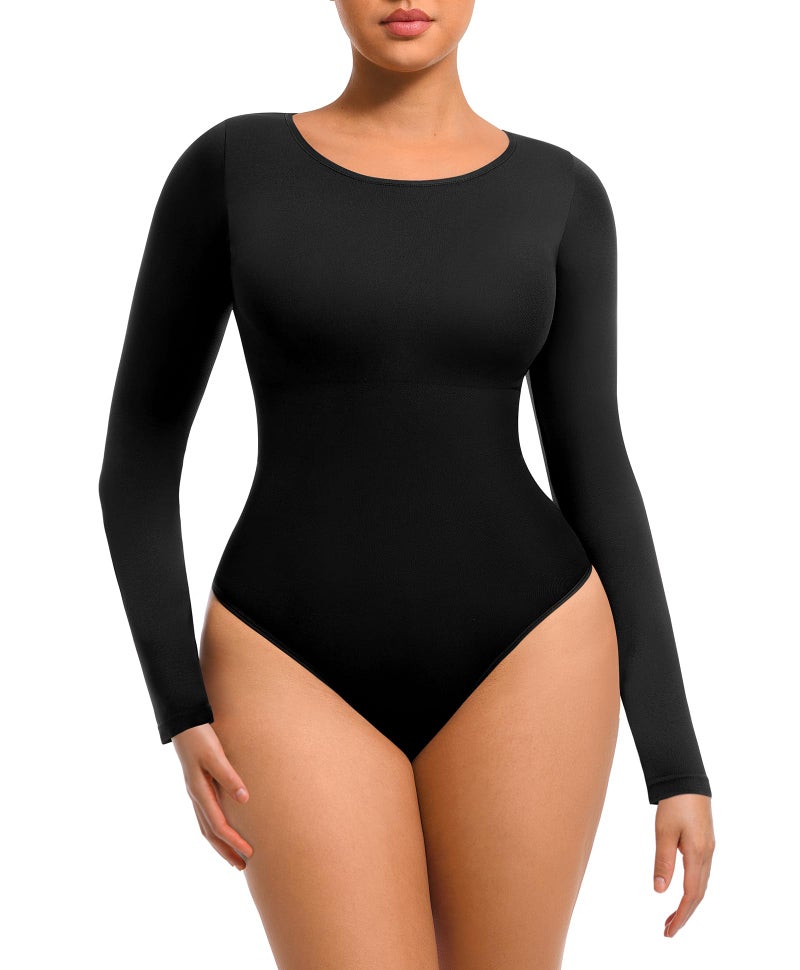 FeelinGirl Tummy Control Bodysuit for Women Long Sleeve Shapewear Thong Body Suit - Image 1
