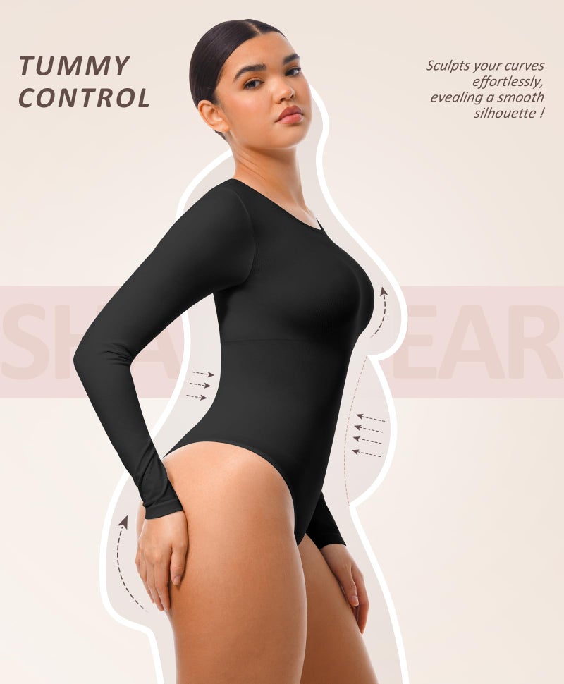 FeelinGirl Tummy Control Bodysuit for Women Long Sleeve Shapewear Thong Body Suit - Image 2