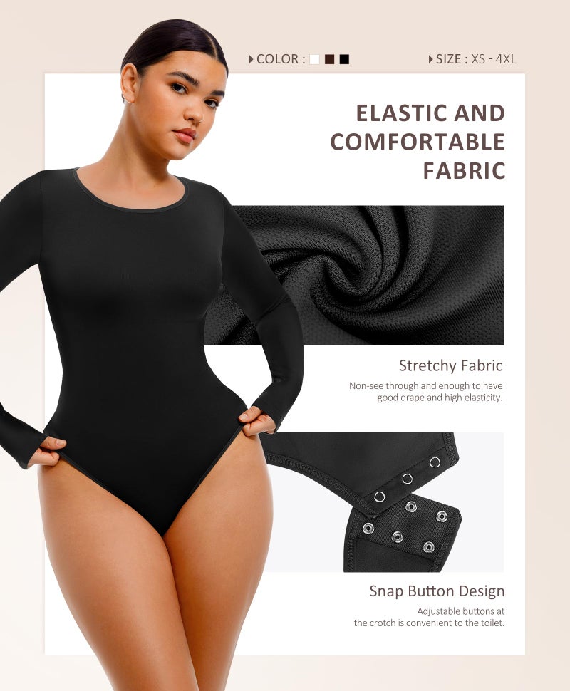 FeelinGirl Tummy Control Bodysuit for Women Long Sleeve Shapewear Thong Body Suit - Image 3