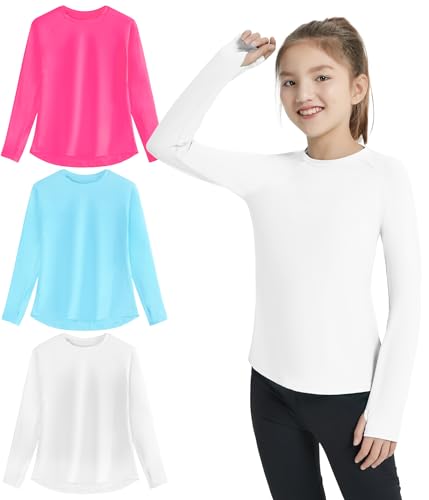 EXARUS 3 Pack Girls Long Sleeve Athletic Shirts Summer Sport Quick Dry Rash Guard Tops UPF 50 Performance Tees with Thumb Holes for Teens Set 8 12Y - Image 1