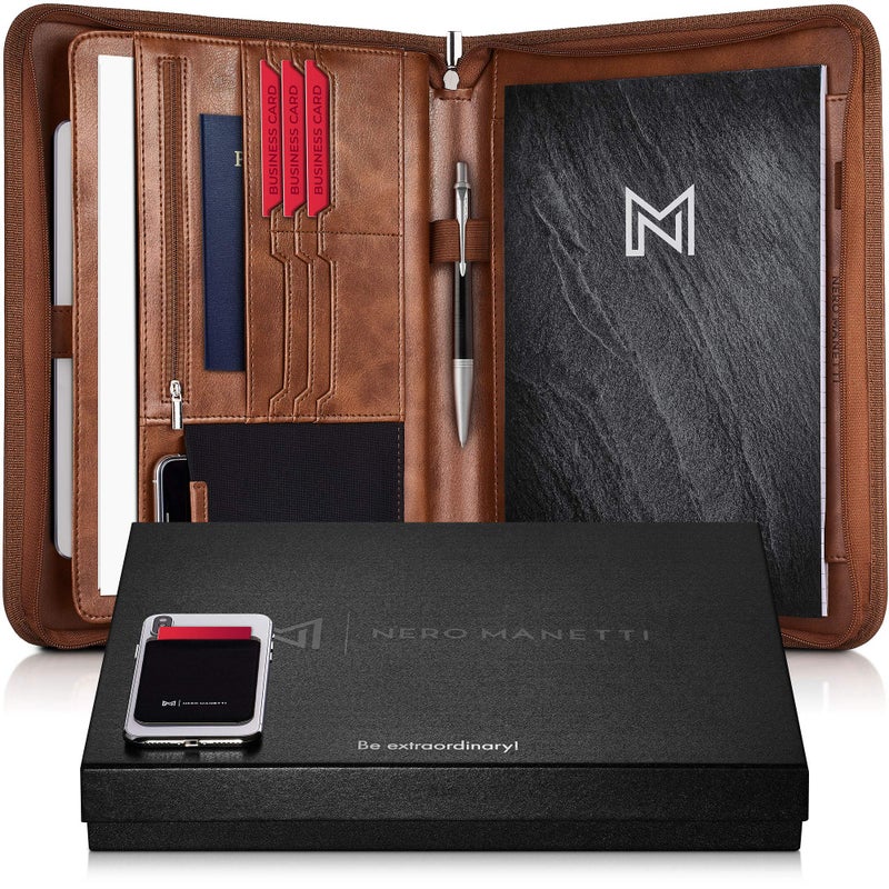 NERO MANETTI Zippered Vegan Leather PadfolioPortfolio Pad HolderBusiness PU Leather Notepad Folder for Resumes Interviews iPadTablet Phone Legal Pad Notebook Executive Binder for Women Men