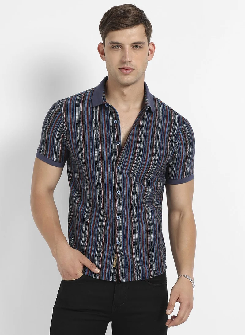 Campus Sutra Men's Multicolour Contrast Knitted Shirt For Casual Wear | Spread Collar | Short Sleeve | Button Closure | Cotton Shirts Crafted With Comfort Fit For Everyday Wear
