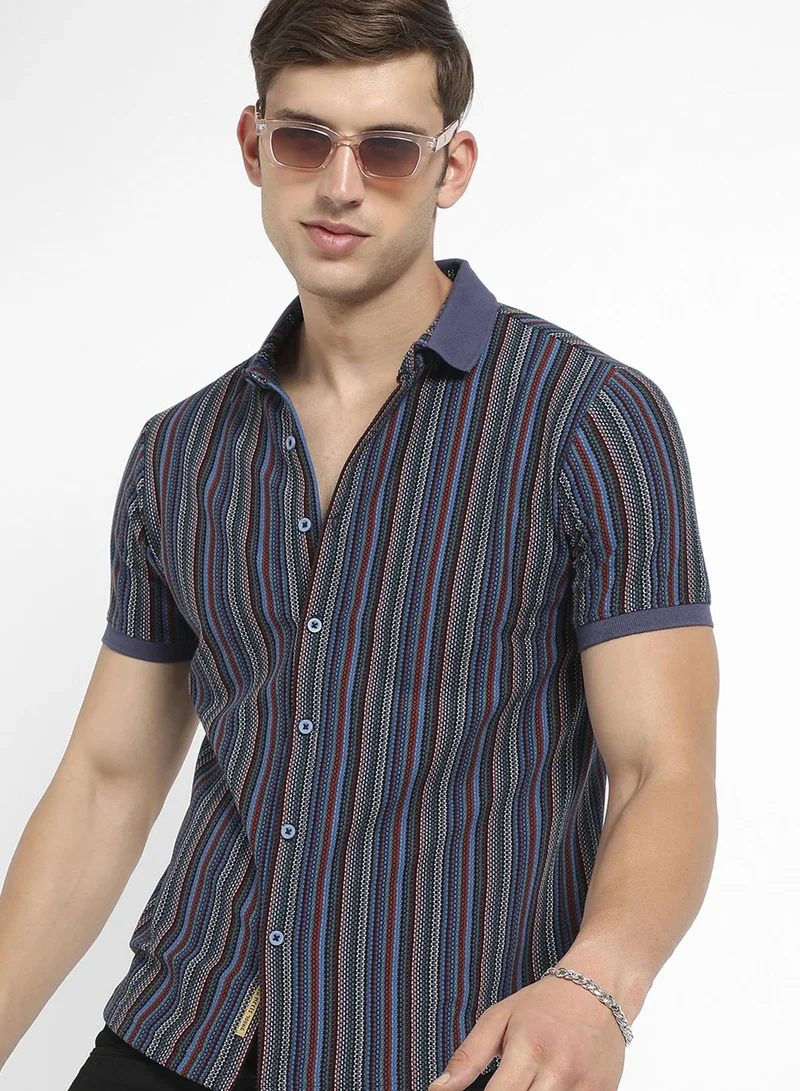 Campus Sutra Men's Multicolour Contrast Knitted Shirt For Casual Wear | Spread Collar | Short Sleeve | Button Closure | Cotton Shirts Crafted With Comfort Fit For Everyday Wear
