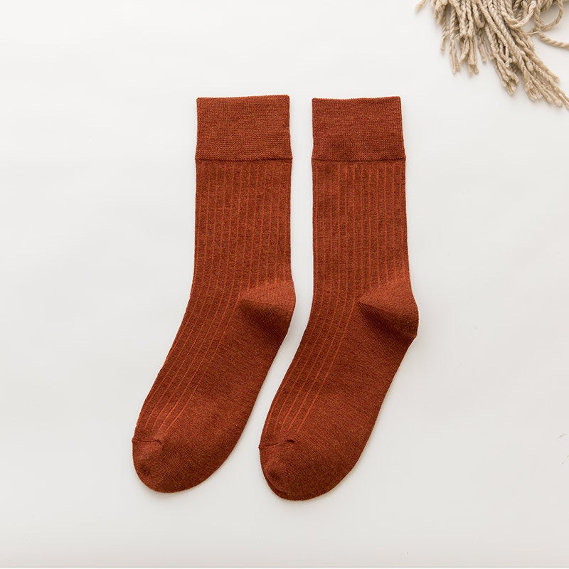 Vintage Pure Color Stripe Cotton Mid-Calf Socks Brick Red 