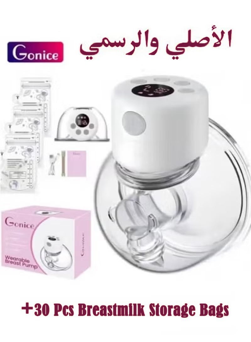 Gonice Wearable, Hands-Free, Electric Breast Pump And Low Noise Painless With 2 Modes 9 Levels, And 30 Pieces Breastmilk Storage Bags - Image 1