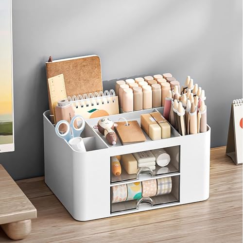 HOME CUBE Plastic Desk Organizer With Drawer Desktop Office Stationery Storage Box Desk Accessories Mobile Holder Table Organiser Study Table Office Table Desk Organizer- 2026 (White) - Image 1