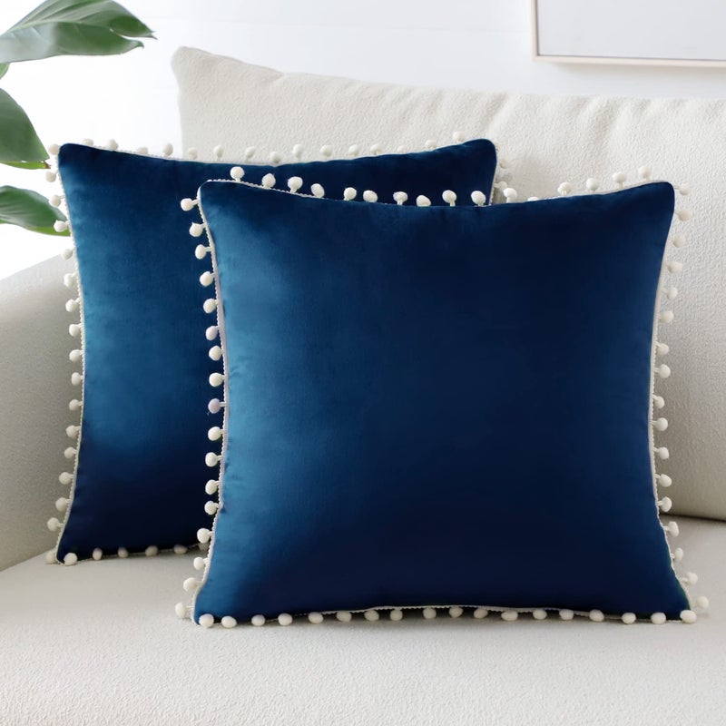 Sungeek Pack of 2 Decorative Cushion Covers Soft Velvet Pompoms Pillow Covers with Invisible Zipper Square Home Decor Throw Pillow Cases for Sofa Bedroom Living Room 45x45cm Royal Blue