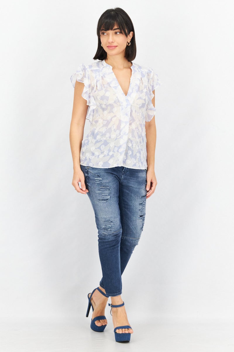 joie Women V-Neck Flutter Sleeve Allover Print Tops, Light Blue /White - Image 4