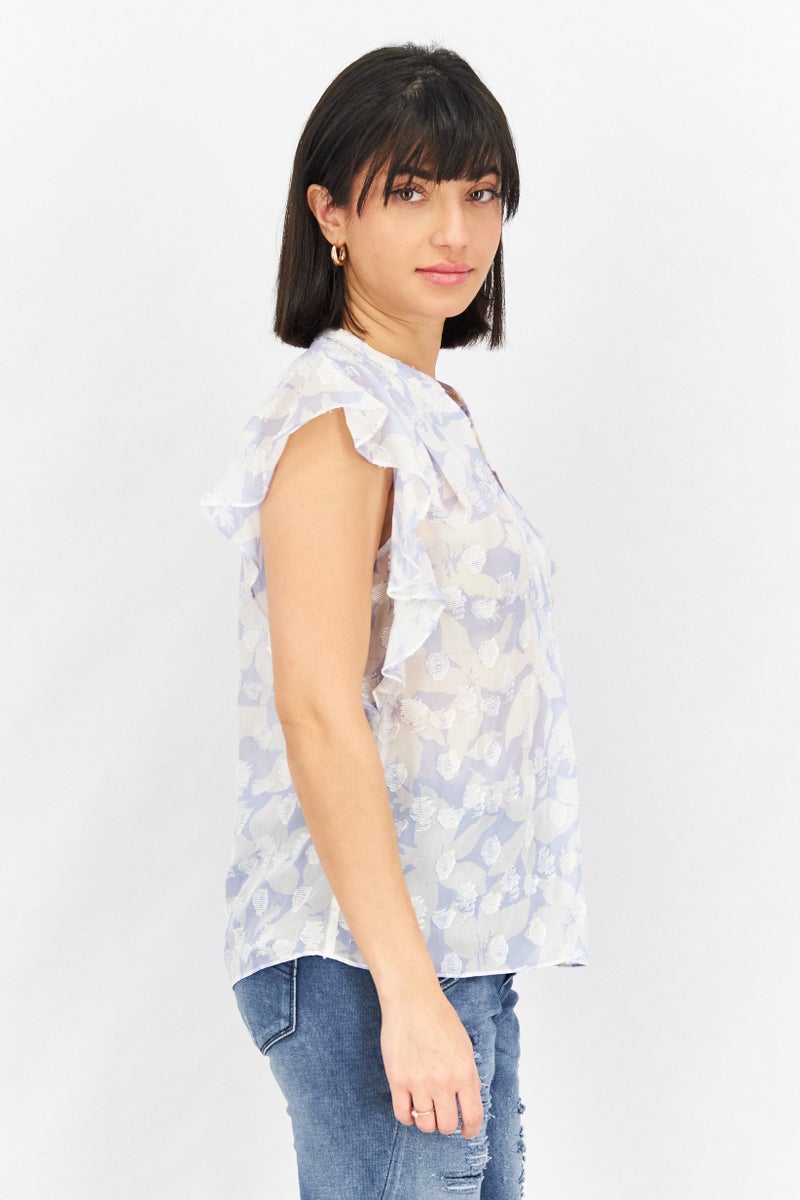 joie Women V-Neck Flutter Sleeve Allover Print Tops, Light Blue /White - Image 2
