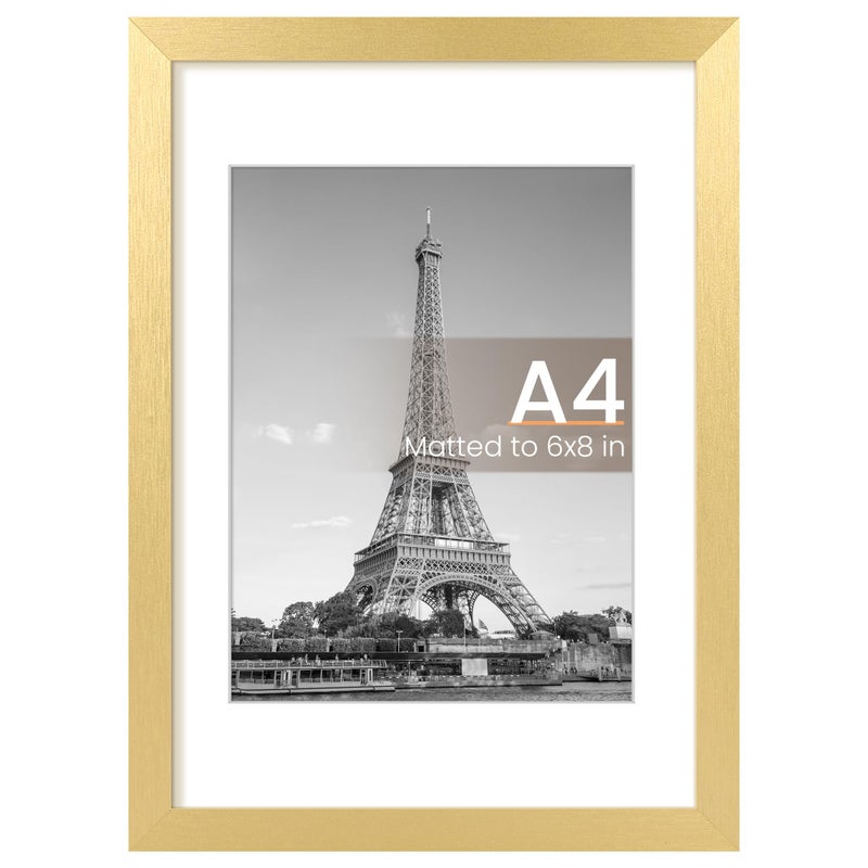 upsimples upsimples A4 Picture Frame  Display Pictures 6x8 with Mat or 8.3x11.7 Without Mat  Wall Hanging Photo Frame  Gold  1 Pack - Image 1