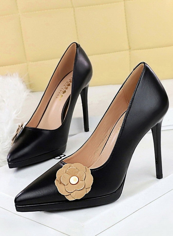 بيج تري المرأة الزهور ديكور الحزب مضخات أشارت مغلقة إصبع القدم الكعب العالي الأسود 11 سم - Image 1