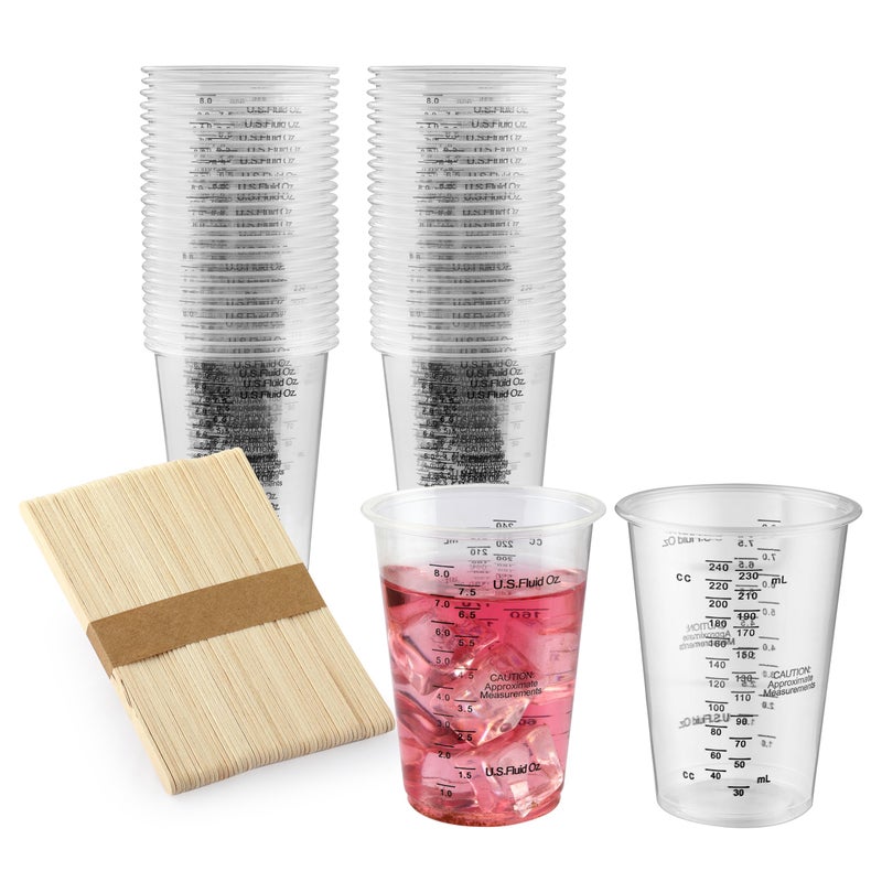 DQELFA 50PCS Resin Epoxy Mixing Cups, DQELFA 8oz Clear Plastic Paint Measuring Cups with 50pcs Wooden Stirring Sticks for Epoxy Resins, Mixing Paint, Pigments, Resins - Image 1