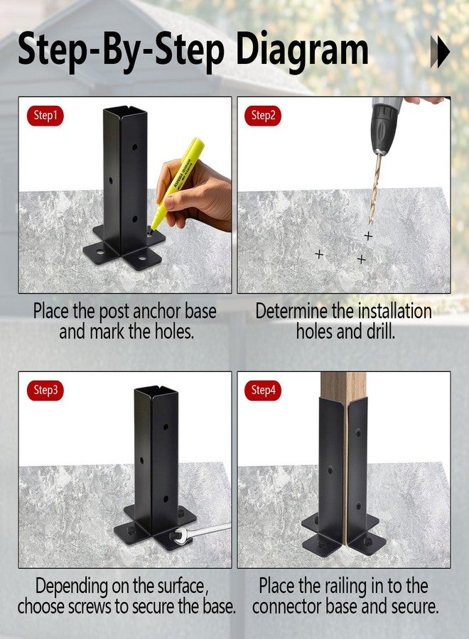 Zhupoub 4 Pcs of Post Anchor Brackets Kit for for 4x4 Post,Wood Fence Deck Post Anchor Base Brackets for Deck Supports, Porch Railing, Handrails and Post Holders,Deck Railing Mailbox - Image 5