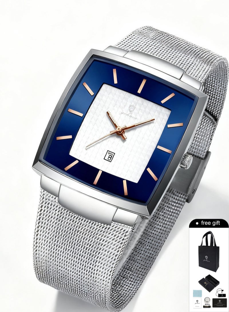GOHUOS Watches for Men，Luxury Waterproof Sport Quartz Analog Square Business Fashion Wrist Watch for Men with Stainless Steel Mesh Strap Date Calendar - 48mm - Image 1
