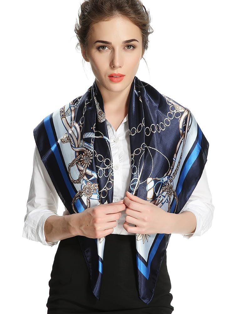 corciova 2 Pcs 35 Square Hair Scarf Black Women Silk Headband Tie Sleeping at Night Bandanas Headscarf Chains (Navy Black) - Image 2