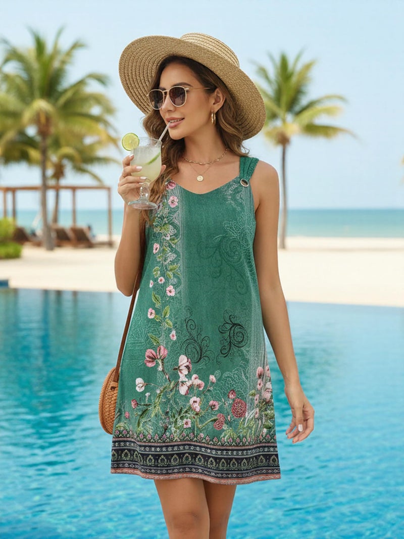 Disamer Summer Dresses for Women 2026 Sundresses Sleeveless Beach Swimsuit Cover Ups Spring Casual Tank Tshirt Sun Dress,Flower Wallpaper Green,XX-Large - Image 3