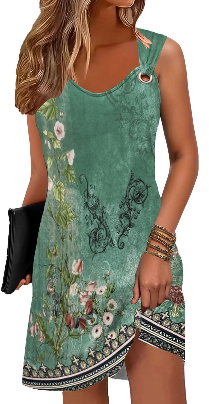 Disamer Summer Dresses for Women 2026 Sundresses Sleeveless Beach Swimsuit Cover Ups Spring Casual Tank Tshirt Sun Dress,Flower Wallpaper Green,XX-Large - Image 1