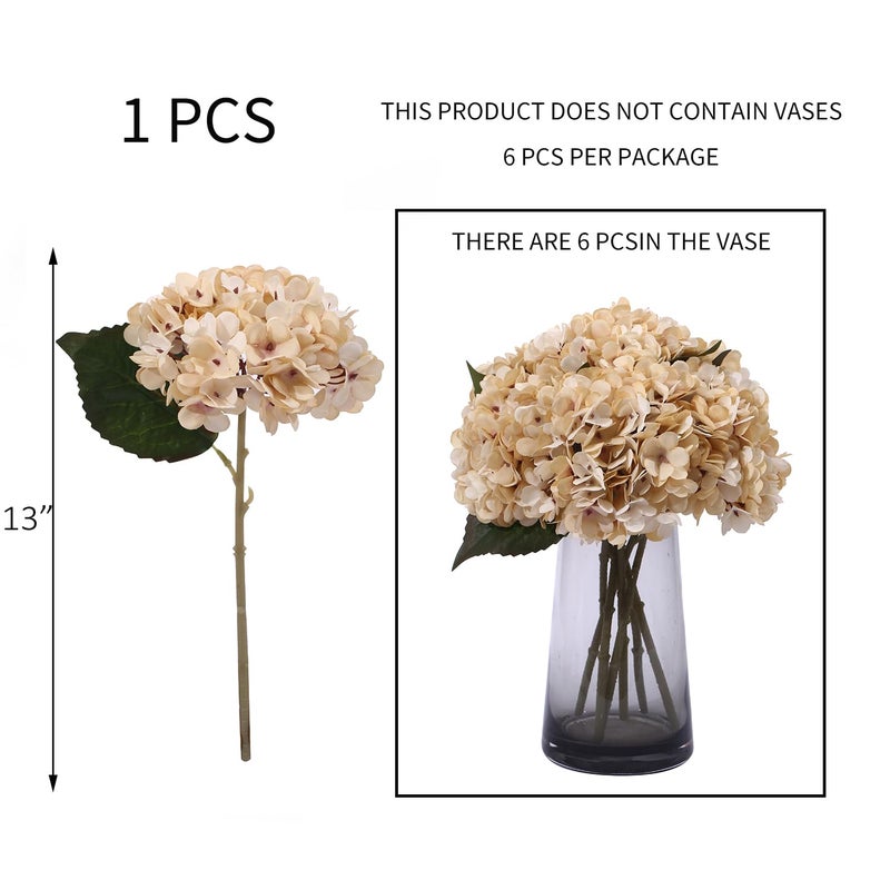 Kimura's Cabin 6pcs Cream Fake Hydrangea Flowers Artificiales Bouquets Faux Silk Hydrangea with Stems for Home Wedding Party Table Core Decoration (Beige) - Image 2