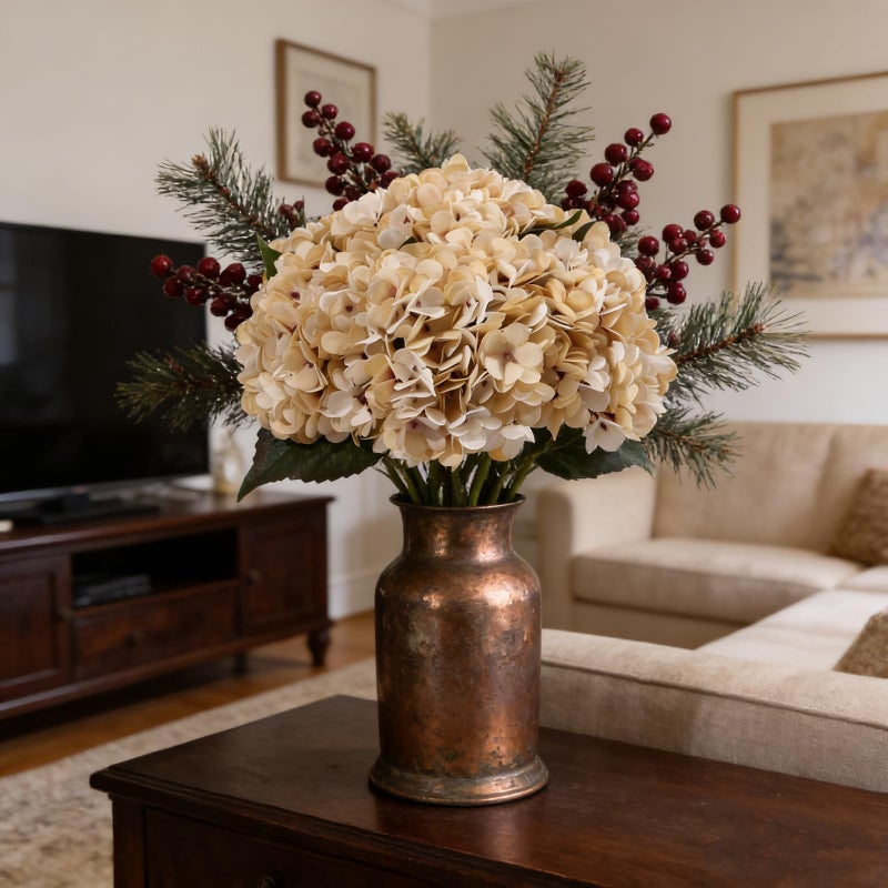 Kimura's Cabin 6pcs Cream Fake Hydrangea Flowers Artificiales Bouquets Faux Silk Hydrangea with Stems for Home Wedding Party Table Core Decoration (Beige) - Image 4