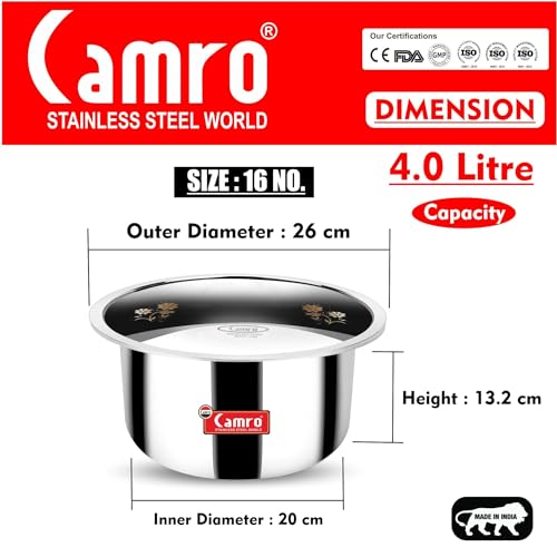 Camro Tripro Triply Artisian Tope with lid 16 No 4 Liters Capacity Cauldron/Tope/Handi/Patila Steel Grains/Soups/Desserts/Broth Multi-Layered Polish Surface Induction & Gas Ready 6-Year Warranty - Image 2