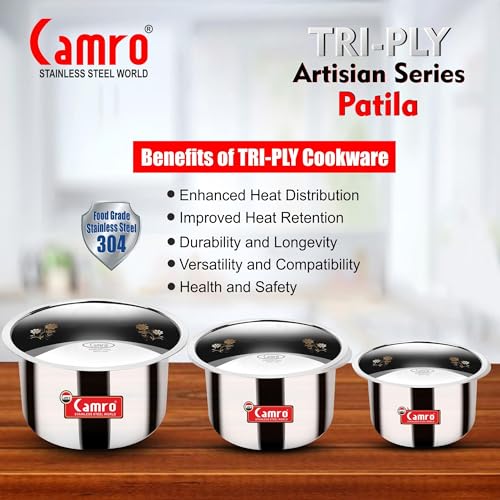 Camro Tripro Triply Artisian Tope with lid 16 No 4 Liters Capacity Cauldron/Tope/Handi/Patila Steel Grains/Soups/Desserts/Broth Multi-Layered Polish Surface Induction & Gas Ready 6-Year Warranty - Image 5