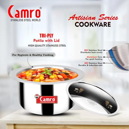 Camro Tripro Triply Artisian Tope with lid 16 No 4 Liters Capacity Cauldron/Tope/Handi/Patila Steel Grains/Soups/Desserts/Broth Multi-Layered Polish Surface Induction & Gas Ready 6-Year Warranty - Image 3