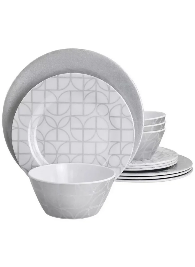 GIBSON 12-Piece Summer Bloom Geo Pattern Dinnerware Set Grey and White 1.78 x 26.92 x 26.92 cm 135728.12