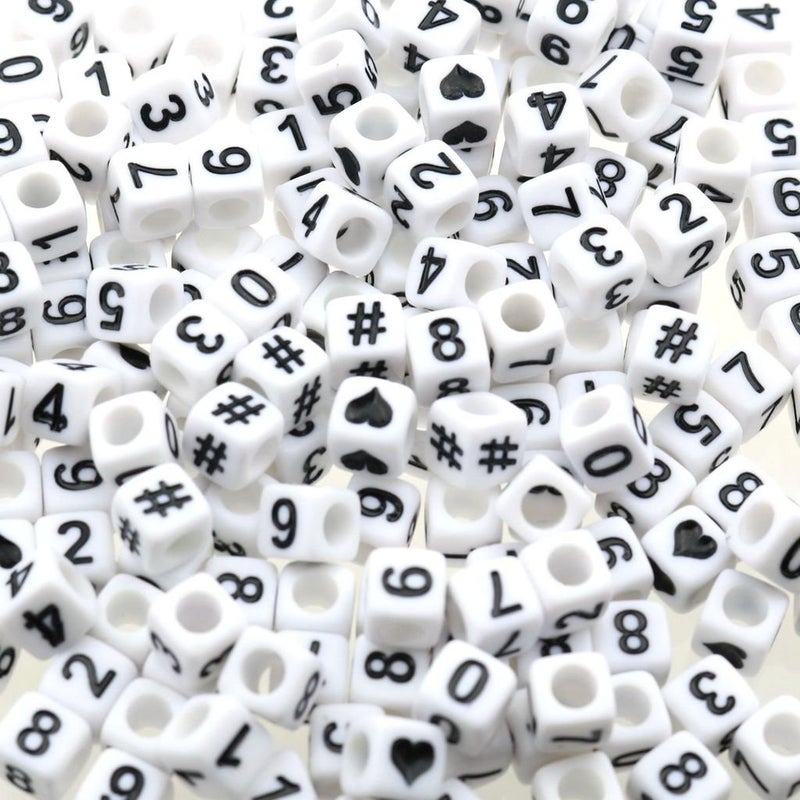 Gresorth 800 PCS White Cube Acrylic Number Beads Black Figure for DIY Bracelets Necklaces Key Chains 6x6 mm