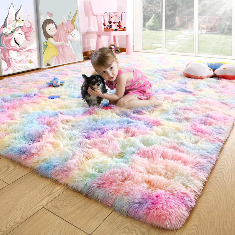 Noahas 5x8 Fluffy Rainbow Rug for Girls BedroomKids Room RugShaggy Area Rugs for Living RoomFuzzy Colorful Playroom Nursery Rugs Room Decor