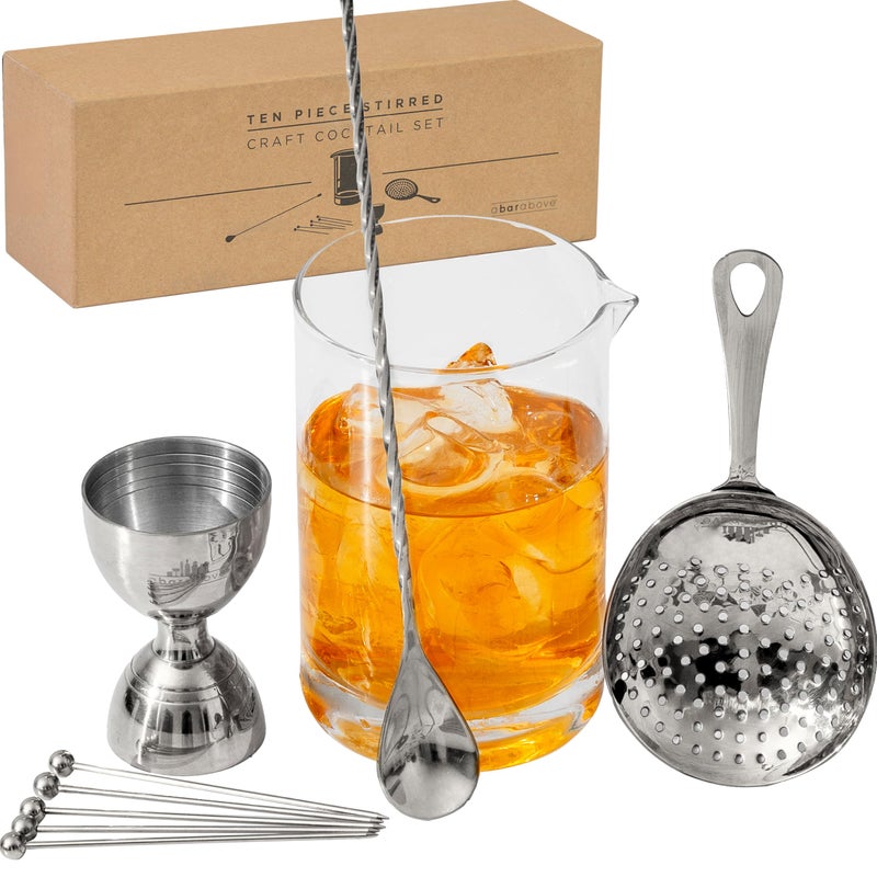 A Bar Above A Bar Above 10Piece Premium Stir Set Cocktail Mixing Glass Set Stirred Home Bar Kit Old Fashioned Kit with Crystal Cocktail Mixing Glass Great for Martinis Manhattans and More 