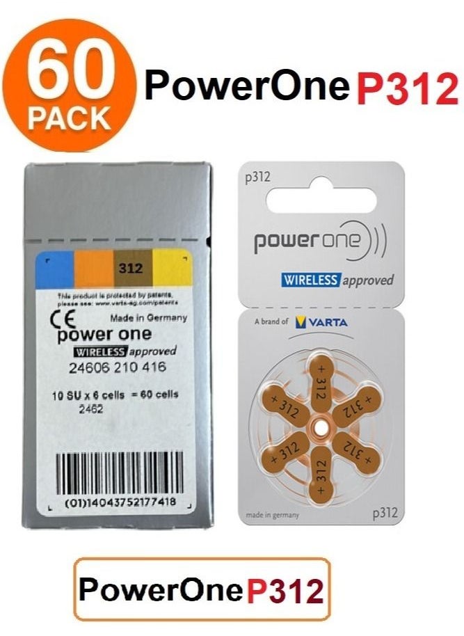 Power One 1.45V Original High Level Hearing Aid Batteries P312 Pack Of 60 Pieces  - Image 1