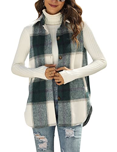 UANEO Womens Fall Flannel Plaid Vest Button Down Sleeveless Shirt Jacket With Pockets (Green-M) - Image 1