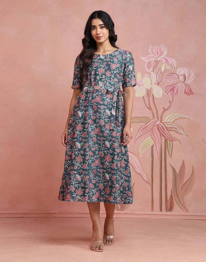 فاب انديا Green Viscose Silk Long Kurta