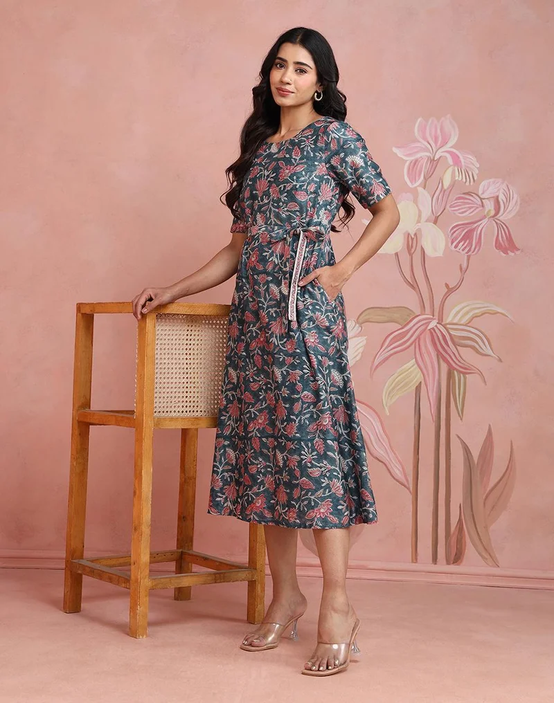 فاب انديا Green Viscose Silk Long Kurta