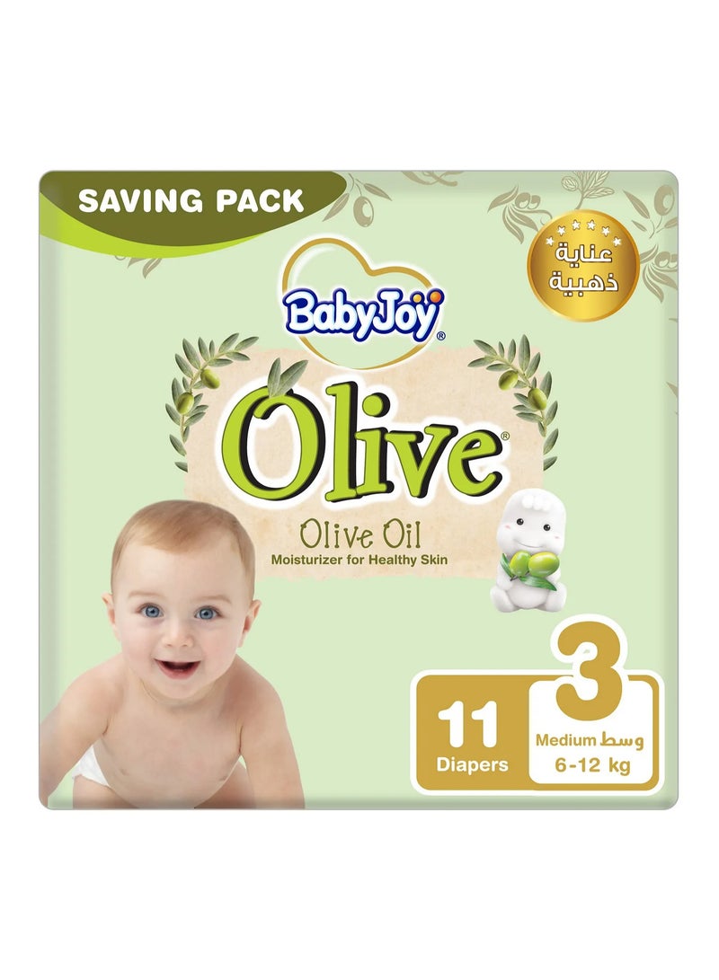 Baby Joy BabyJoy Olive Tape Style Diapers, 11 Pieces Saving Pack, Medium Size 3, 6 to 12kg - Breathable, Moisturizes, Compressed Air Channel, Waist Stretch 