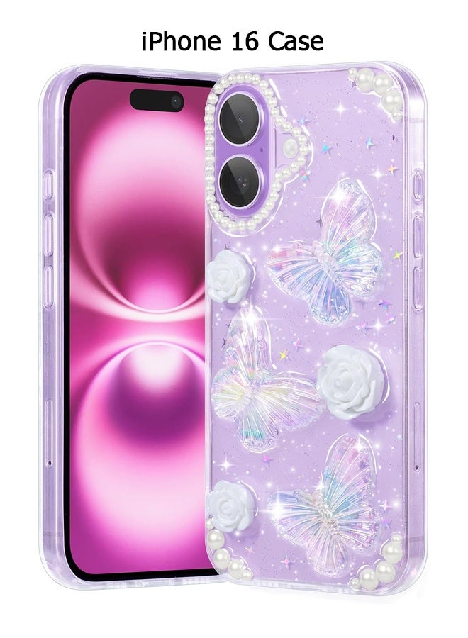 Wffo Compatible with iPhone 16 Case - 3D Butterfly Rose Flower Shiny Girl Phone Case - Clear Phone Case - with Aesthetic Rose Floral Shiny Girly Phone Case - TPU Drop Protection - Crystal Butterfly - Image 1