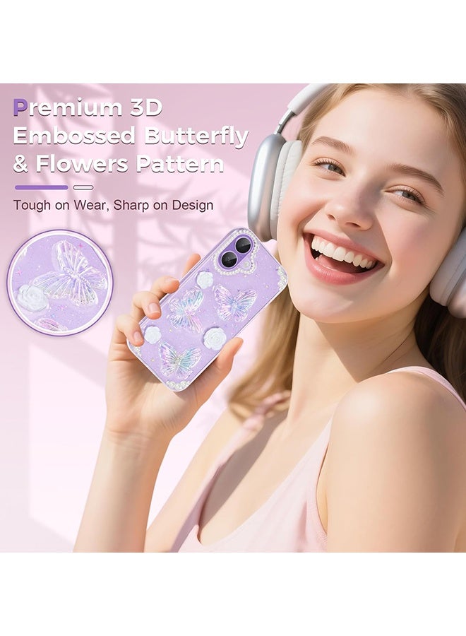 Wffo Compatible with iPhone 16 Case - 3D Butterfly Rose Flower Shiny Girl Phone Case - Clear Phone Case - with Aesthetic Rose Floral Shiny Girly Phone Case - TPU Drop Protection - Crystal Butterfly - Image 2