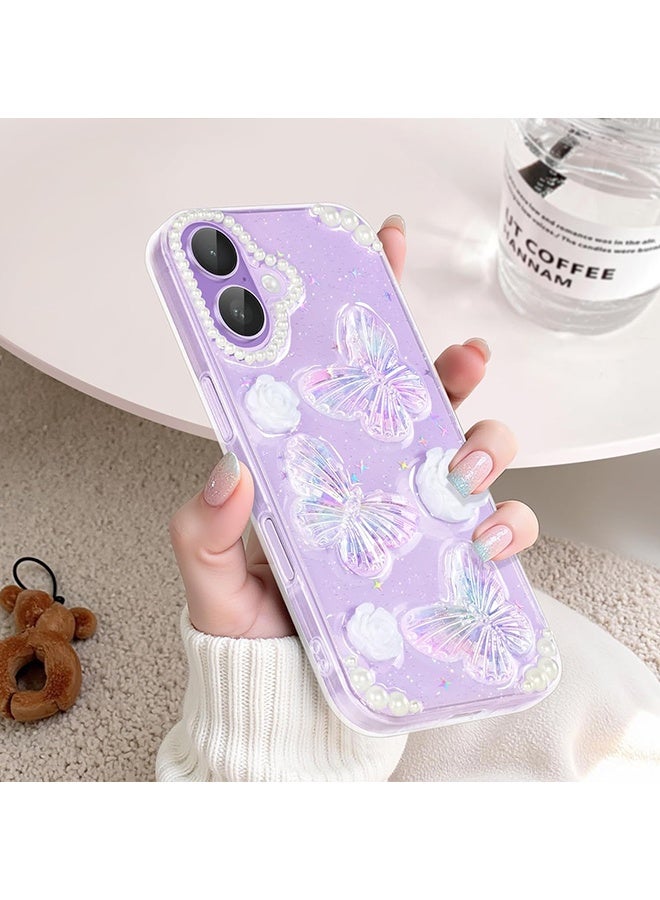 Wffo Compatible with iPhone 16 Case - 3D Butterfly Rose Flower Shiny Girl Phone Case - Clear Phone Case - with Aesthetic Rose Floral Shiny Girly Phone Case - TPU Drop Protection - Crystal Butterfly - Image 5