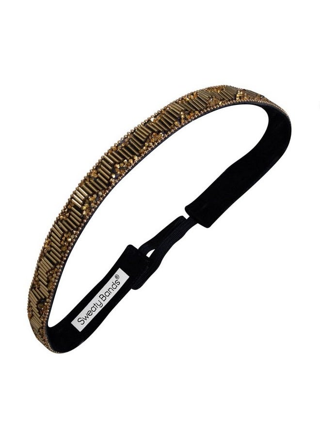 Sweaty Bands - Womens Girls Headband For Working Out Nonslip Grip Sweatwicking Velvetlined Beaded Jeweled Hairband Bling Art Deco Gold 5/8Inch - Image 1