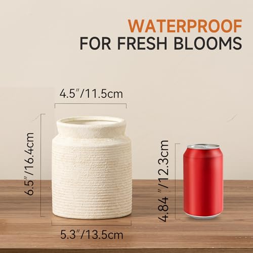 Dobbyby Ceramic Flower Vase 65 inch Farmhouse Rustic Vase for Home Decor Handcrafted Pottery Vase Small Terracotta Vases for Table Decor Fireplace Living Room Bathroom Wedding Centerpiece SOff White - Image 3