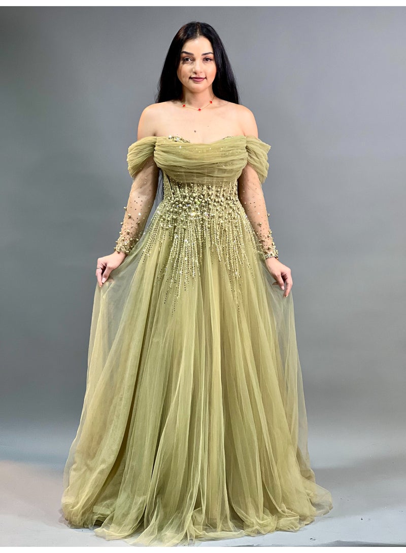 Off-Shoulder Tulle Evening Gown with Beaded Embellishments