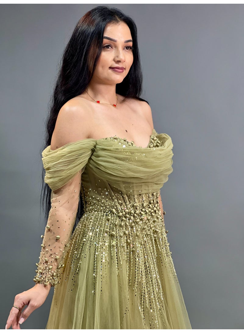 FAIZ COUTURE Off-Shoulder Tulle Evening Gown with Beaded Embellishments - Image 2