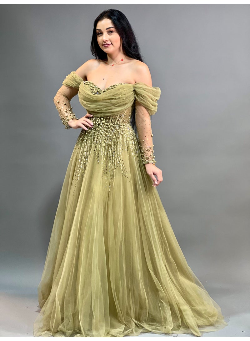 FAIZ COUTURE Off-Shoulder Tulle Evening Gown with Beaded Embellishments - Image 4