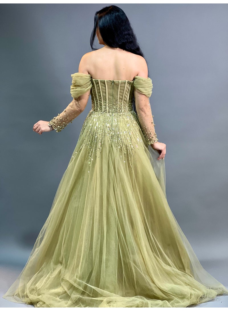 FAIZ COUTURE Off-Shoulder Tulle Evening Gown with Beaded Embellishments - Image 3